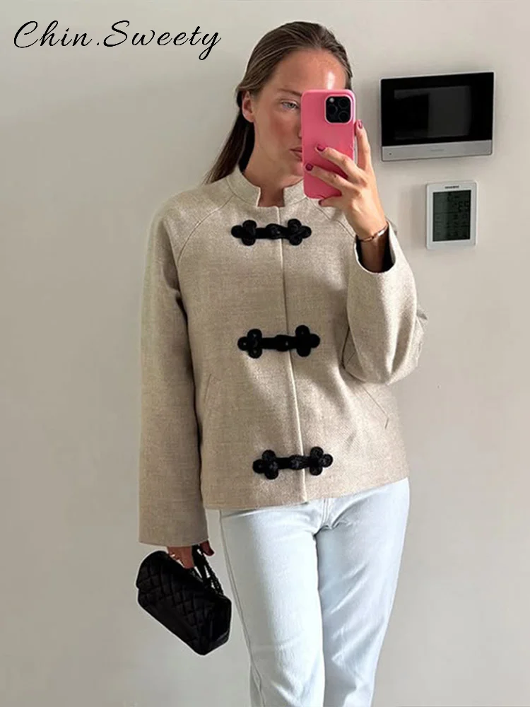 Casual Rope Knot Single Breasted Jacket Women O-neck Full Sleeve Pockets Coat Female 2025 Autumn Lady New Chinese Style Outwear