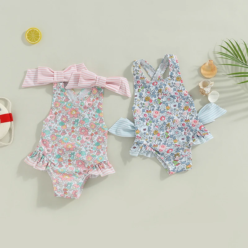 Kids Baby Girls Summer Swimsuit Sleeveless Cross Backless Floral Print Ruffle Bathing Suit