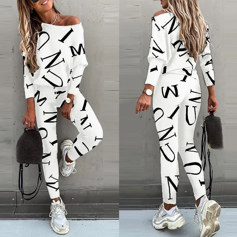 Spring Autumn Fashion One Shoulder Long Sleeve Pure Cotton Printing Letter Women\'s Clothing Korean Trend Bound Feet Pant Suits