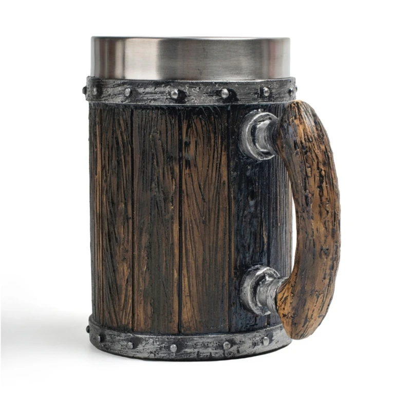 Wooden Barrels Beer Cup with Handle Stainless Steel Tankard Drinking Mug HX6C