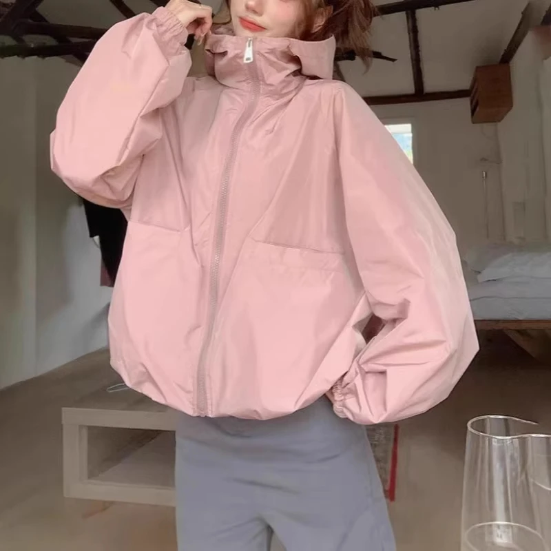 2026 Spring Autumn New Hooded Women's Casual Loose Top Hoodies Zipper Pocket Thin Coat Sporty Student Clothing