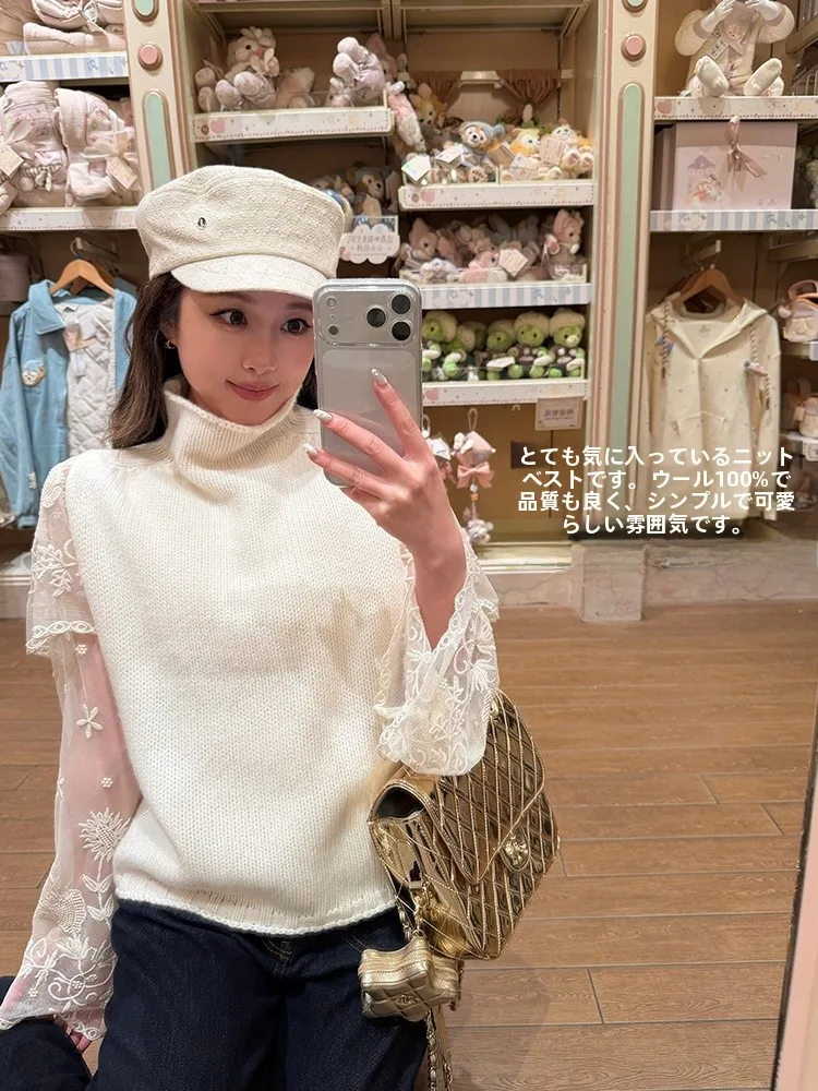 

Quality 100 Wool Knitted Vest Women's Half High Collar Layering Top Spring 2026 Simple Style Loose Fit Girls Fashion
