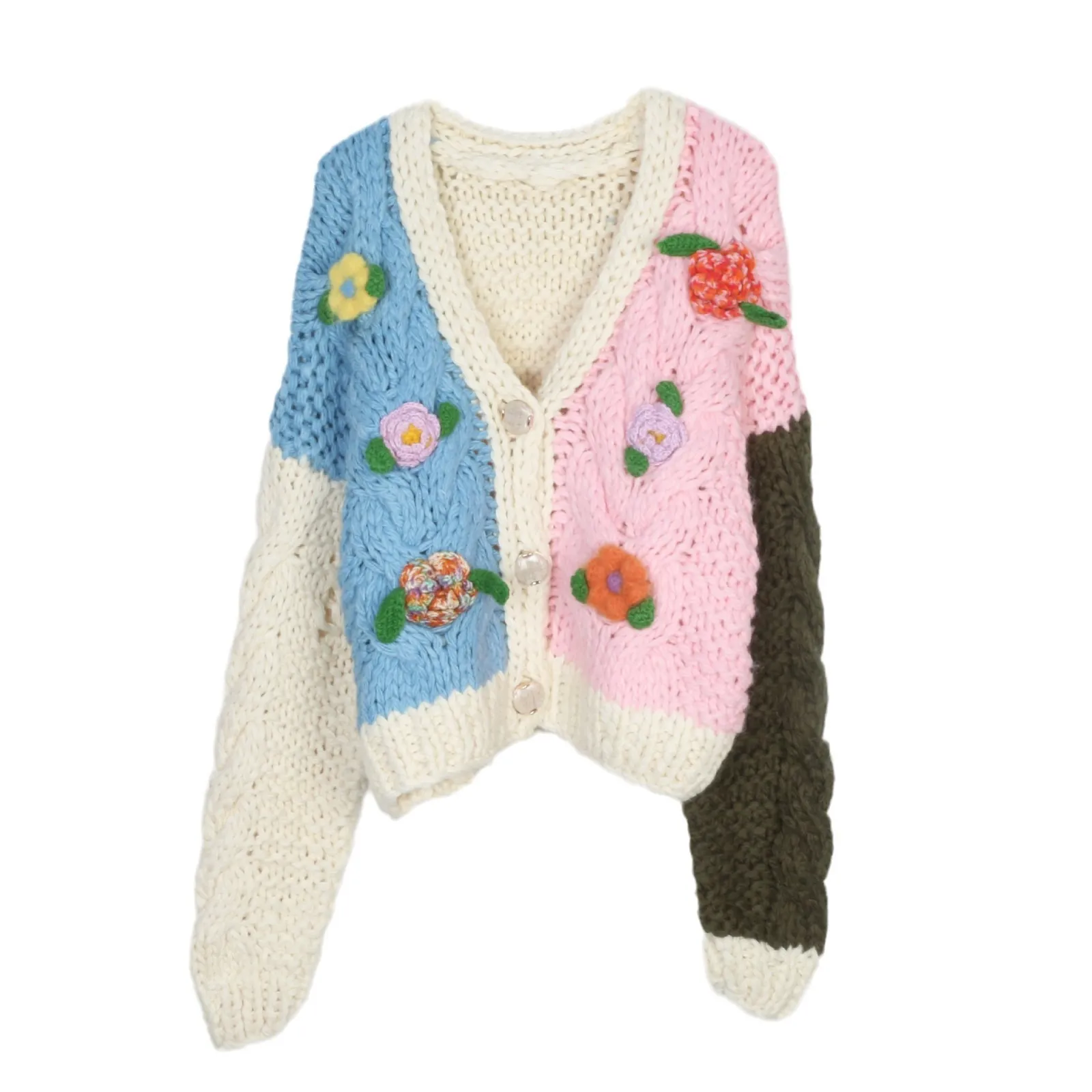 

2025 Autumn And Winter Sweet Hand-knitted Sweater Colorblock Three-dimensional Crochet Bohemian Loose Short Cardigan Jacket Top
