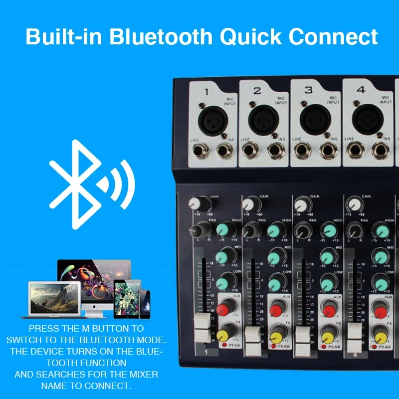 คอนโซลผสม 7 ทิศทาง Bluetooth การ์ดเสียง USB Pro อุปกรณ์เครื่องเสียงมิกเซอร์เสียงผู้บริโภควิดีโอแบบพกพาดิจิตอลระดับมืออาชีพ
