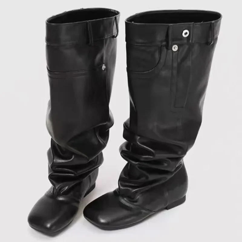 

Winter Pleated Leather Knee High Boots Woman British Style Square Toe Wide Simple Tube Long Boots Fashion Low Heel Designer Shoe
