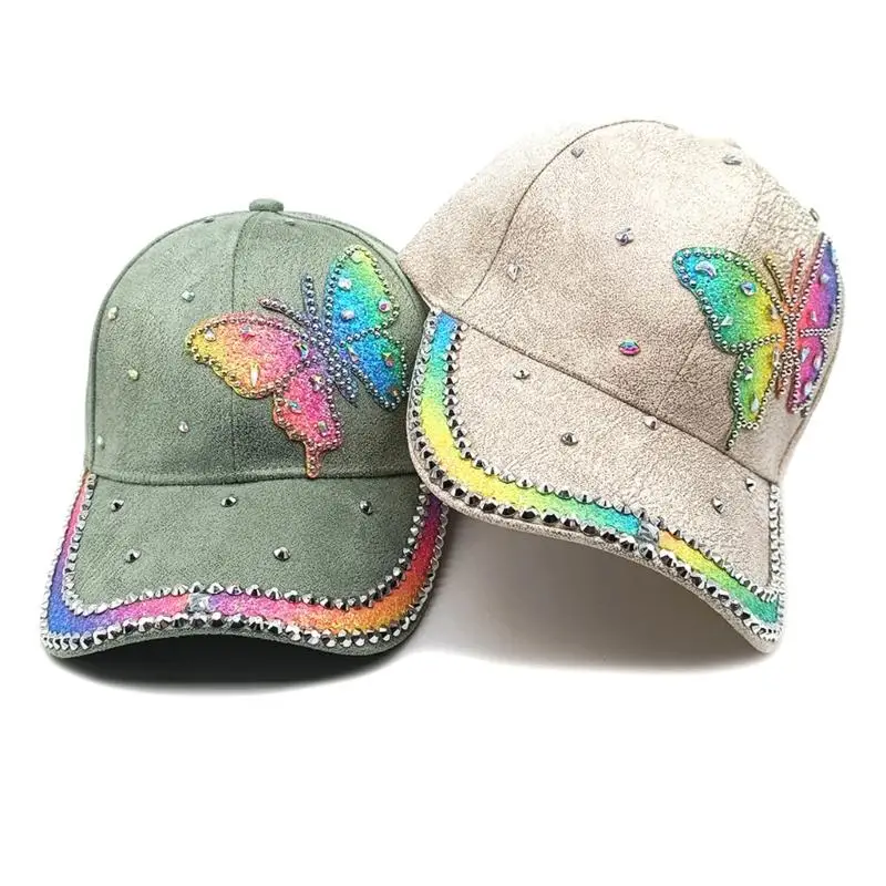 

39BB Crystal Butterfly Baseball Cap Adjustable Sun Hat For Women Street Hiphop Dance
