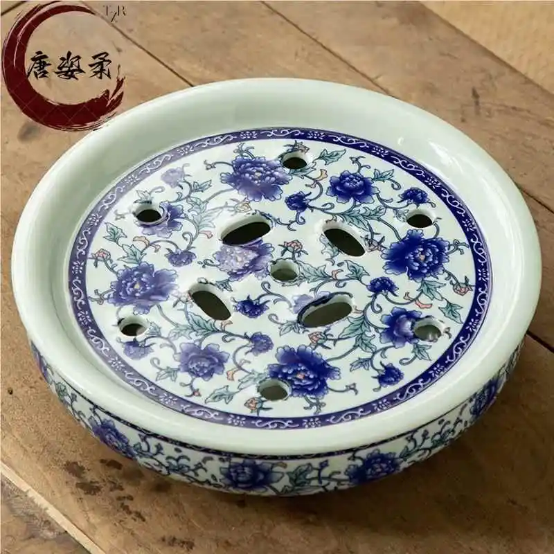 

Китайский чайный сервиз Cercs Чайный поднос для хранения воды круглый синий и белый двухслойный маленький поднос Gongfu Простой сухой пузырьковый поднос для...