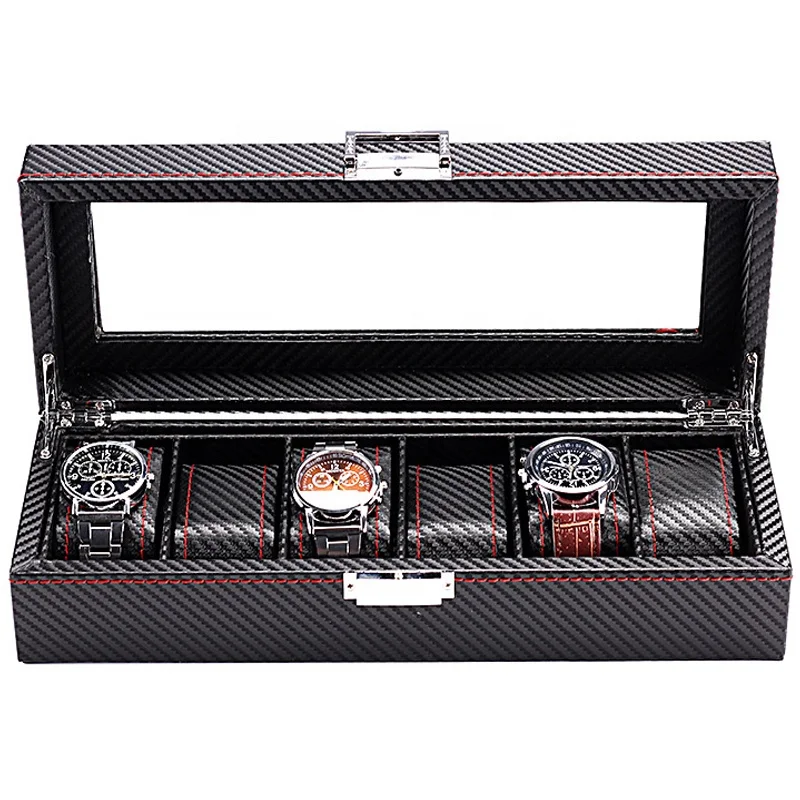Watch Box for Men 3/5/6 Slots Watch Organizer, Watch Case,Carbon Fiber Design Real Glass Top, Smooth Faux Leather Interior