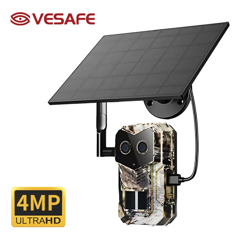 

VESAFE 4G Sim DUAL LENS LTE 4W Solar Outdoor 4MP Hunting Trail Camera for Wildlife Monitoring Night Vision Forest Farm