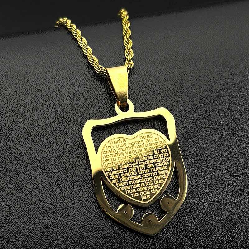 Heart Shaped Spanish Lord's Prayer Bible Jesus Cross Pendant Necklace for Women Men Shield Stainless Steel Christian Jewelry