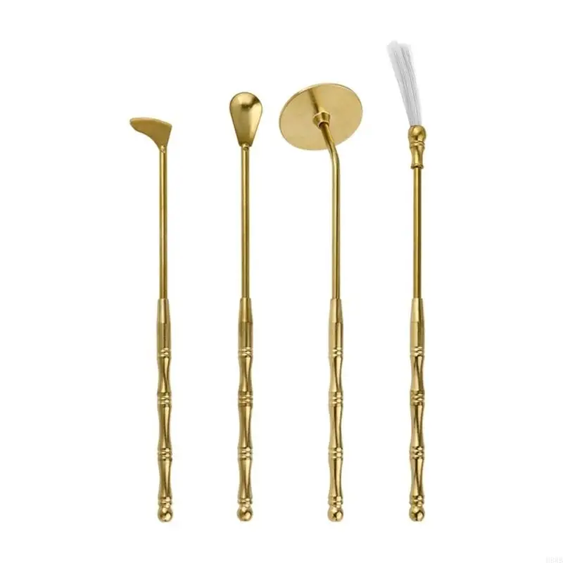 H8WB Handcrafts Incenses DIY Tool Kits 4Pcs Brass Equipment Set with Spoon Shovel Ashes Press Brush Meditations Accessories
