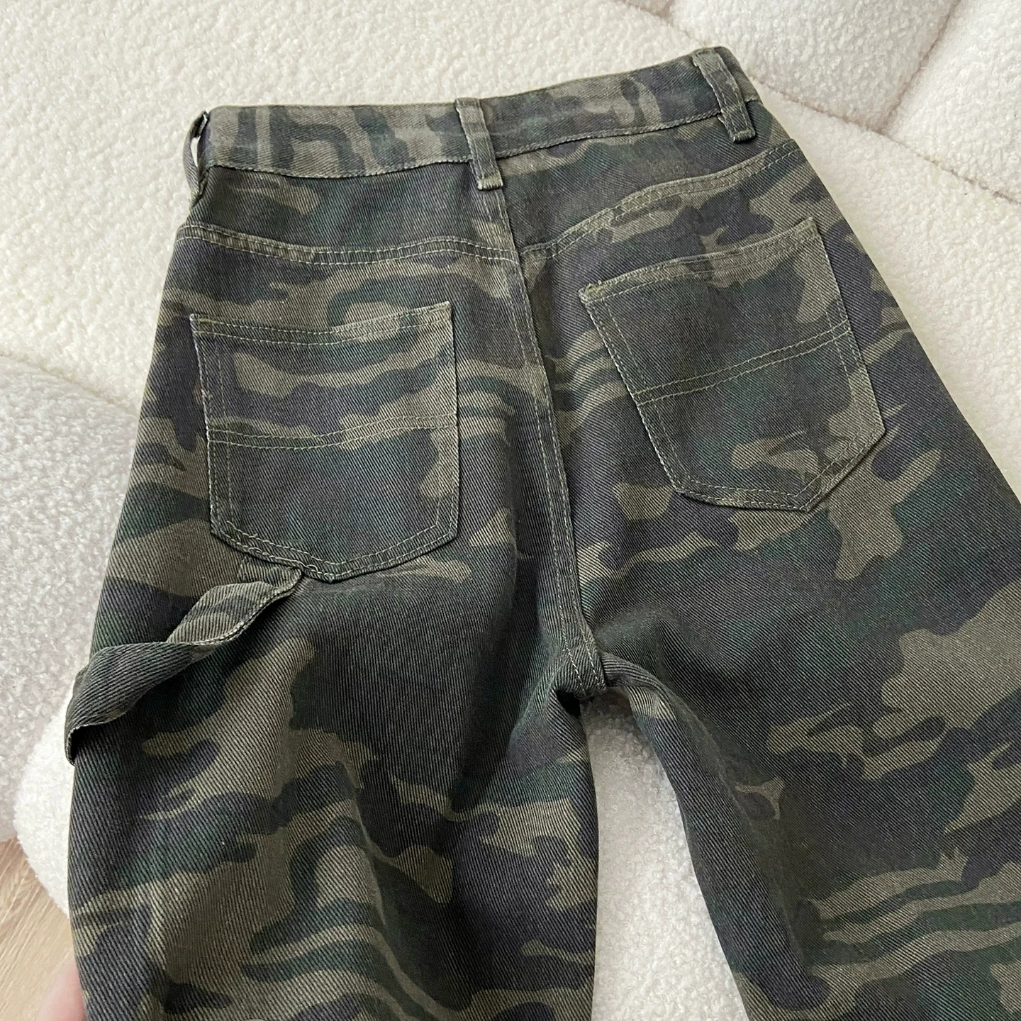 American Style High Waist Wide Leg Camouflage Jeans Women's Autumn Design Sense Straight Tube Pants Cotton Stretch Denim