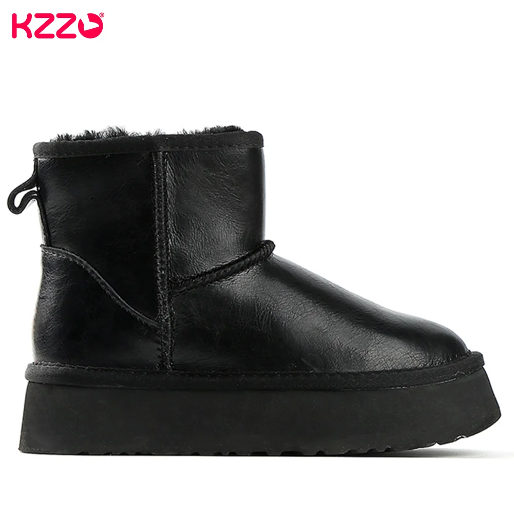 KZZO Fashion Women Ankle Platform Snow Boots Waterproof Genuine Leather Natural Wool Lined Casual Thick Sole Winter Warm Shoes