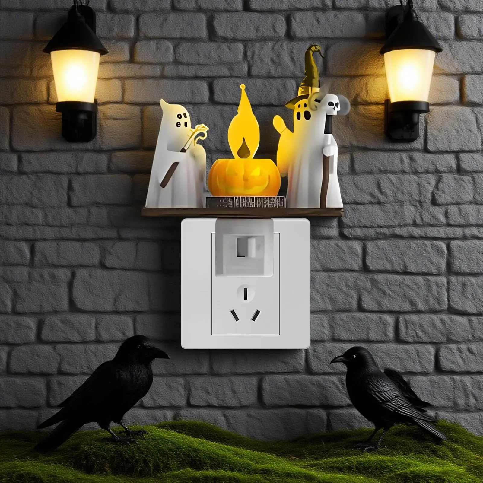 ハロウィンゴーストキャンプファイヤー常夜灯ゴーストキャンプファイヤーちらつき夜の光プラグイン樹脂 LED 火燵ランプ装飾品