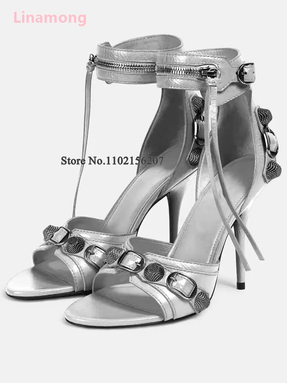 

Metal Buckle Luxury Design Sandals For Female Women Zipper Solid Thin High Heel Round Toe Cover Back Fashion Sexy Summer Shoes