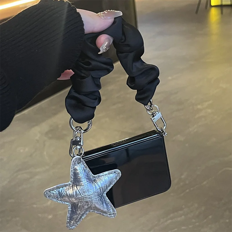 

Glossy Black flip Case For Samsung Z Flip6 ZFlip5 ZFlip4 / Xiaomi Mix Flip / Razr50 case with Silk Wrist Strap&Star Pendant
