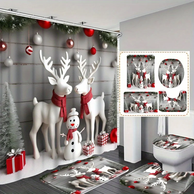 

4pcs Cozy 2D Flat Christmas Shower Curtain Set, White Tree with Red Flowers Gift Pattern, Includes Non-Slip Mat & U-Shape