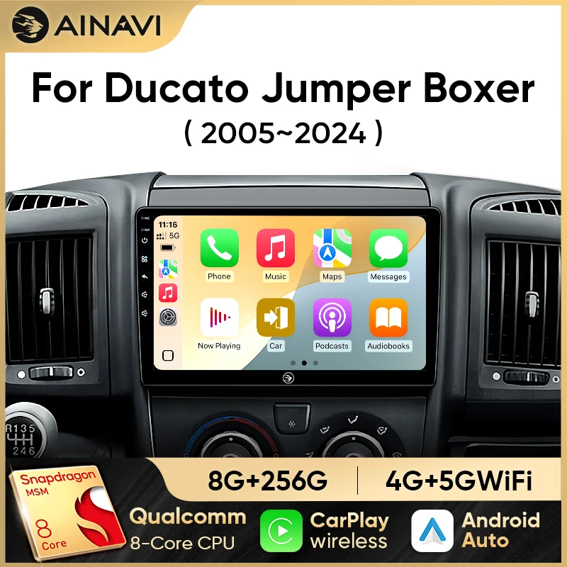 Ainavi Car Radio For Fiat Ducato 2005-2023 Citroen Jumper Peugeot Boxer Dodge Ram 2500 Wireless Carplay Android Auto Multimedia