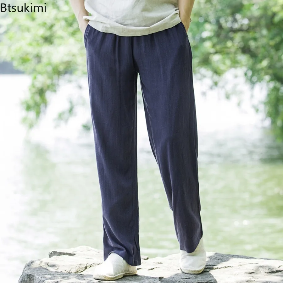 2025 Men's Summer High Quality Linen Casual Pants Fashion Loose Thin Ice Silk Straight Leg Pants Cotton Linen Wide Leg Trousers