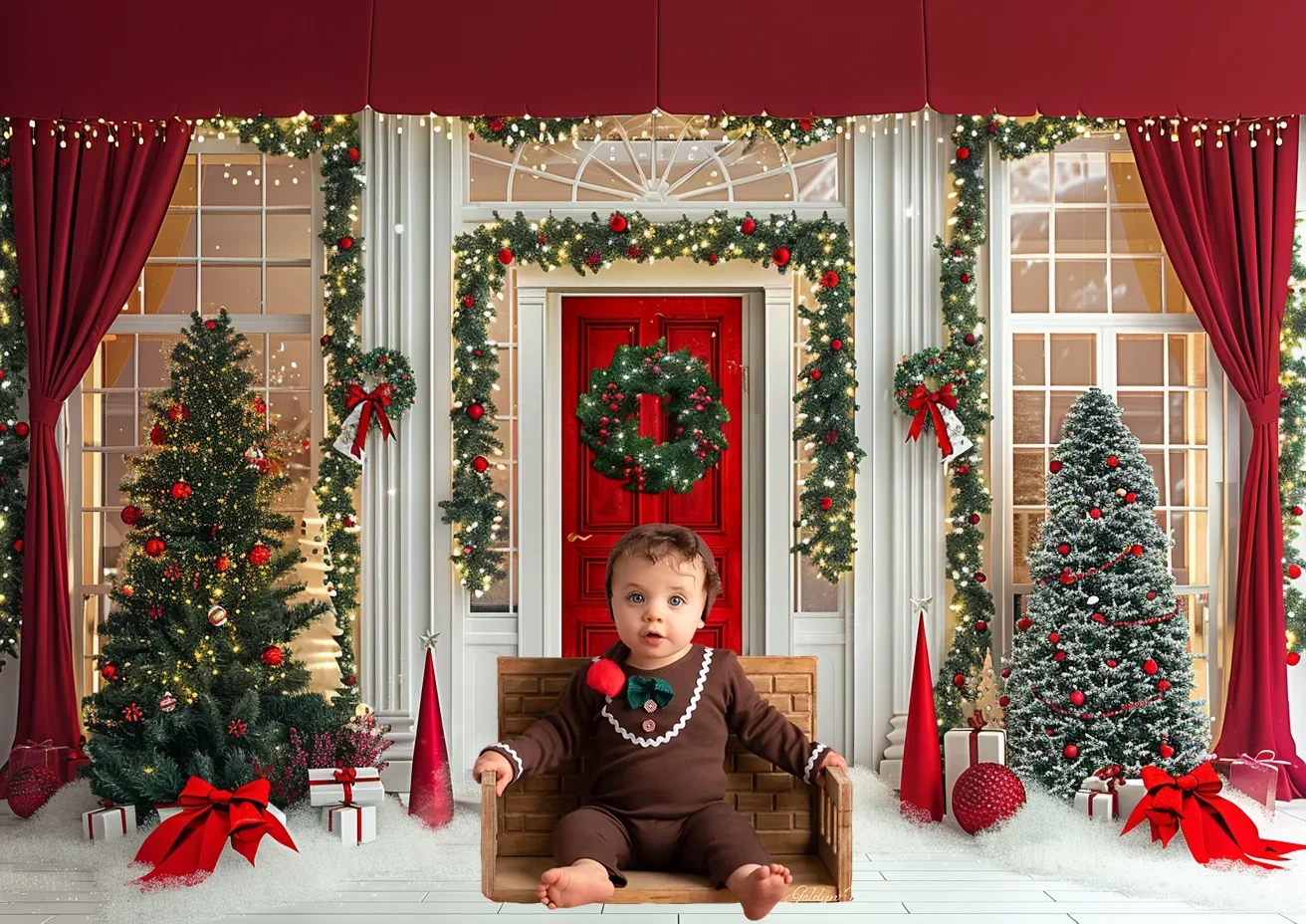 Christmas Photography Backdrop Door Decorations Red Curtains  White Panes Garlands Ribbons Background Photo Studio Photo-call