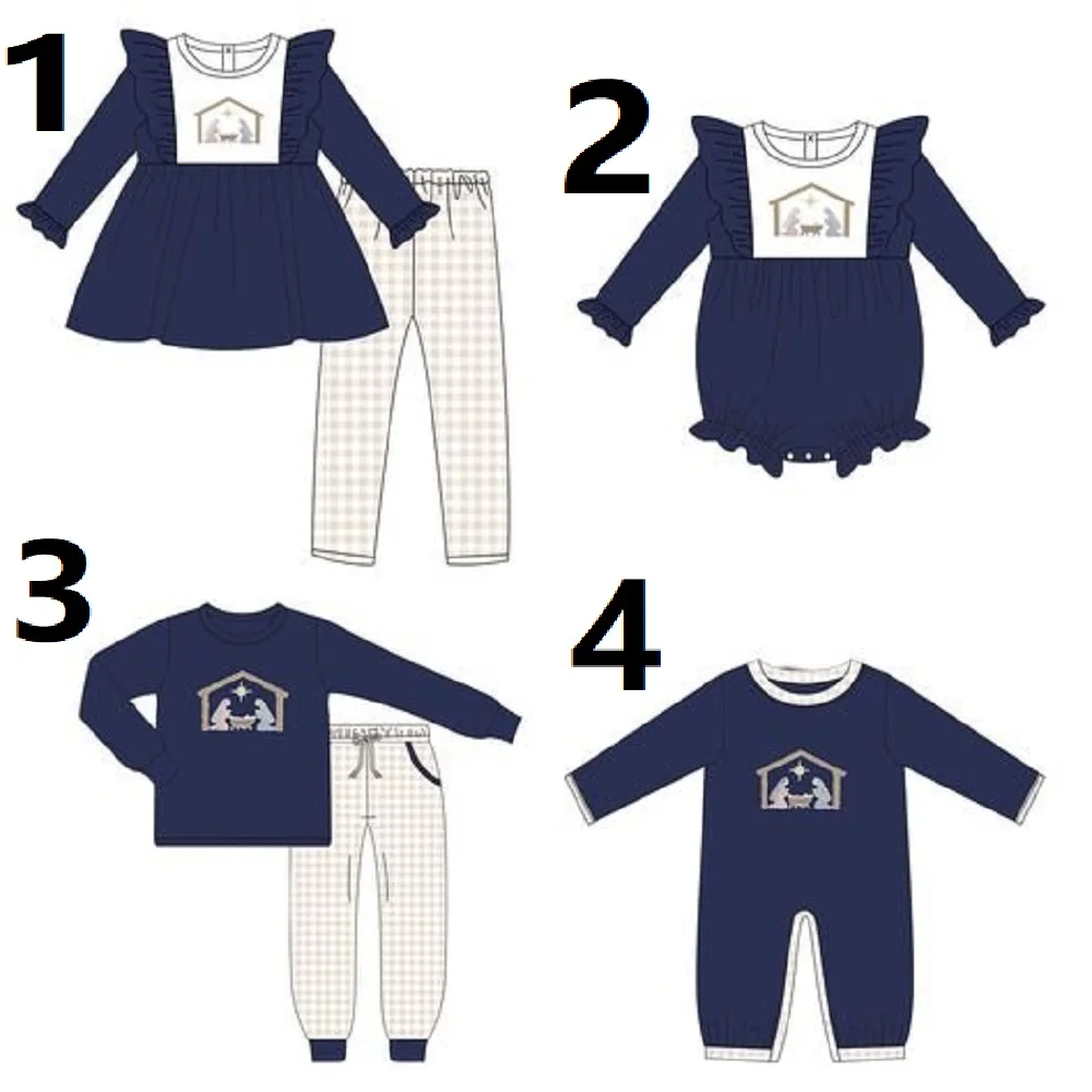 Boutique children's clothing wholesale cute boys and girls long sleeve set navy blue print plaid pants two sets