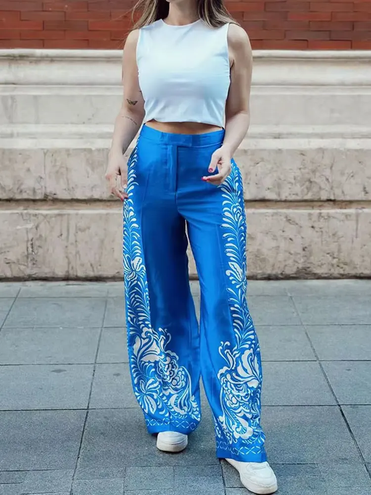 HH Woman Fashion Spring Wide Leg Pants Blue Print High Waist Pockets Button Zipper Trousers Female Bohemian Style Long Pants