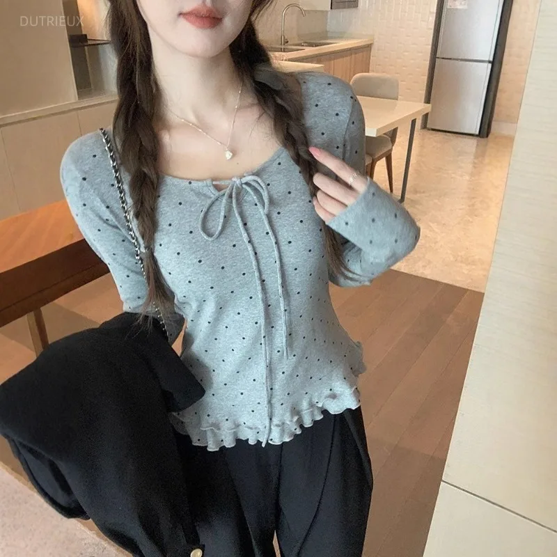 Y2k Clothes T Shirt For Women Ruffles Polka Dot Sweet Spring Autumn Ropa De Mujer Korean Fashion Versatile Short Tees