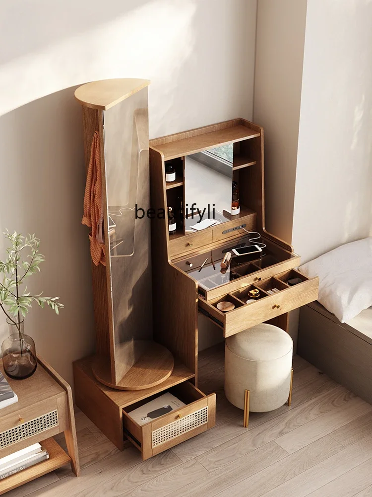 

zxqSmall Apartment Solid Wood Dressing Table Bedroom Storage Cabinet Integrated with Dressing Mirror Makeup Desk