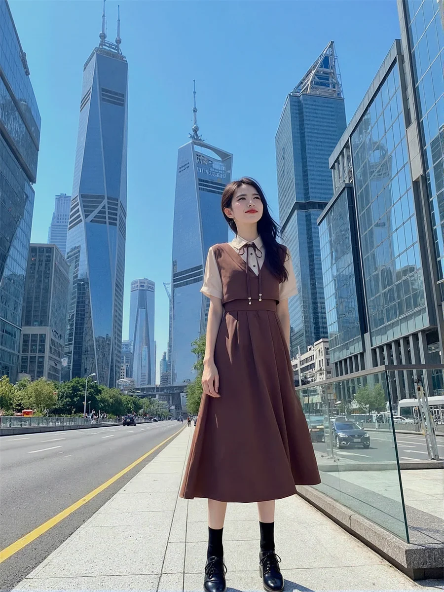 Women'S Casual And Day Dresses Preppy Style Khaki Mid-Calf Lace Flounce Ruffles Bow Tie-Up Drawstring Soft Vintage Boho Romantic