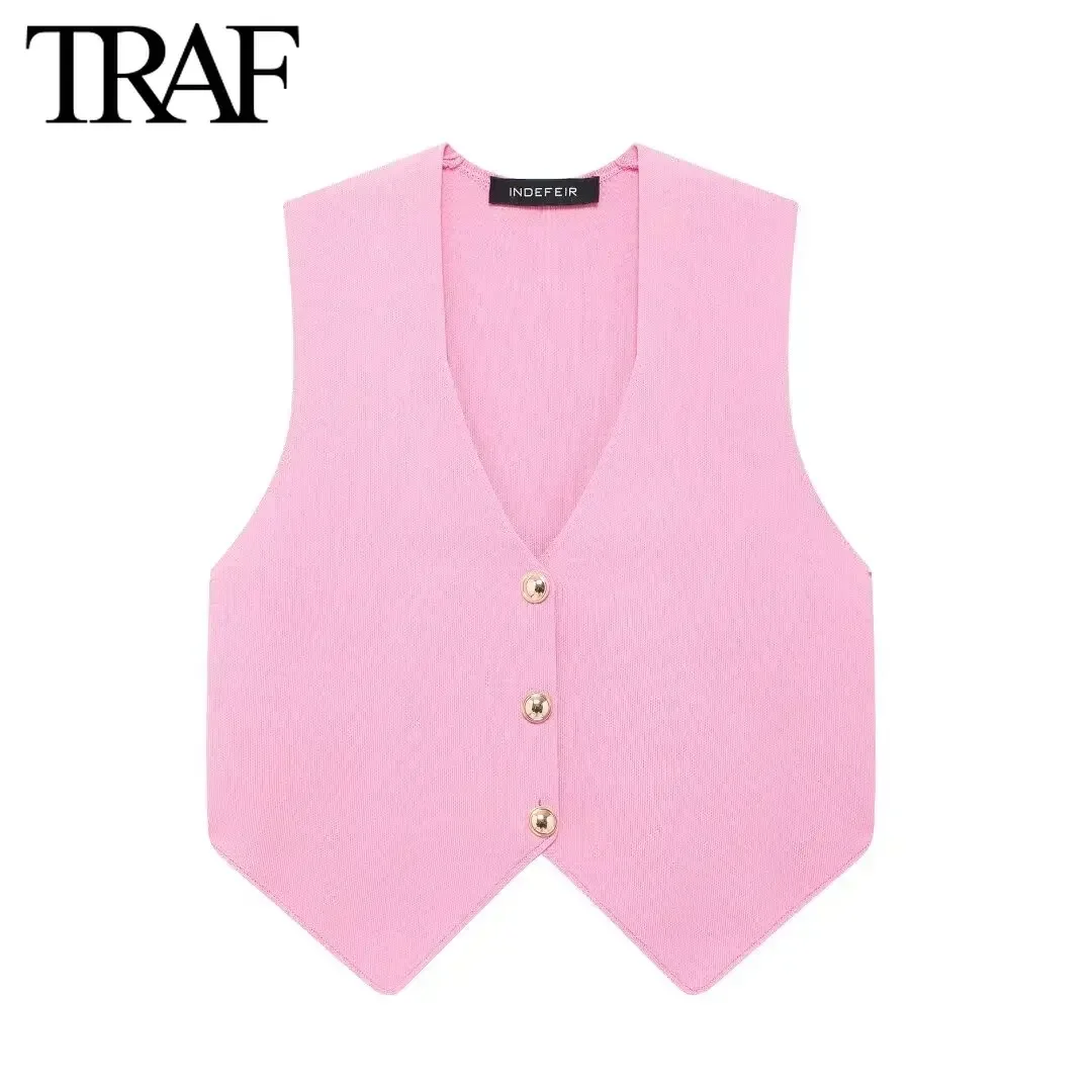 TRAF Women Fashion Spring New Sleeveless V-neck Single Breasted Cardigan Knitted Sweater Short Vest Sweet Chic Ladies Tops