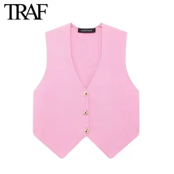 TRAF Women Fashion Spring New Sleeveless V-neck Single Breasted Cardigan Knitted Sweater Short Vest Sweet Chic Ladies Tops