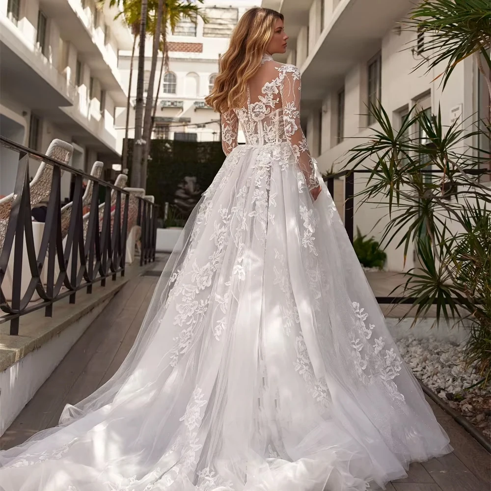 Customized Delicate Slit Wedding  Dresses For Woman Bridal High Neck Tulle Pleat A-LINE Appliques  Vestidos  Bridal Gown