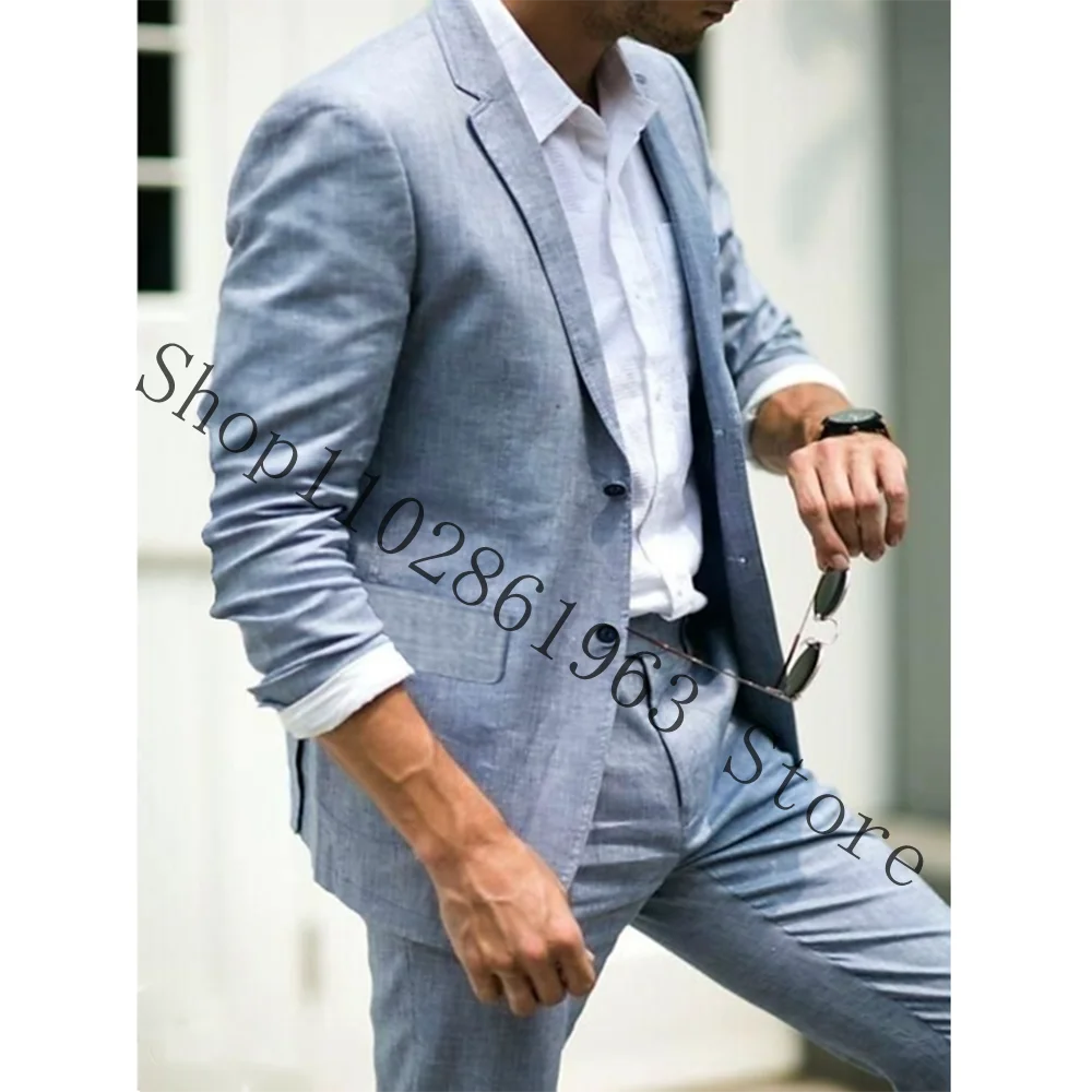 Light Blue Linen Men Suits Costume Homme Wedding Prom Groom Slim Fit Terno Masculino Bridegroom Tuxedos Blazer Costume Homme