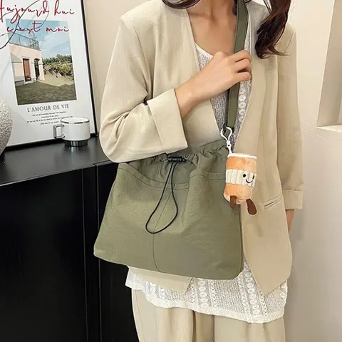 Washed Fabric Pleats Bucket Bag, Made Waterproof Nylon Drawstring Fold Cross Body Bags, Casual Versatile Shoulder Messenger Bag