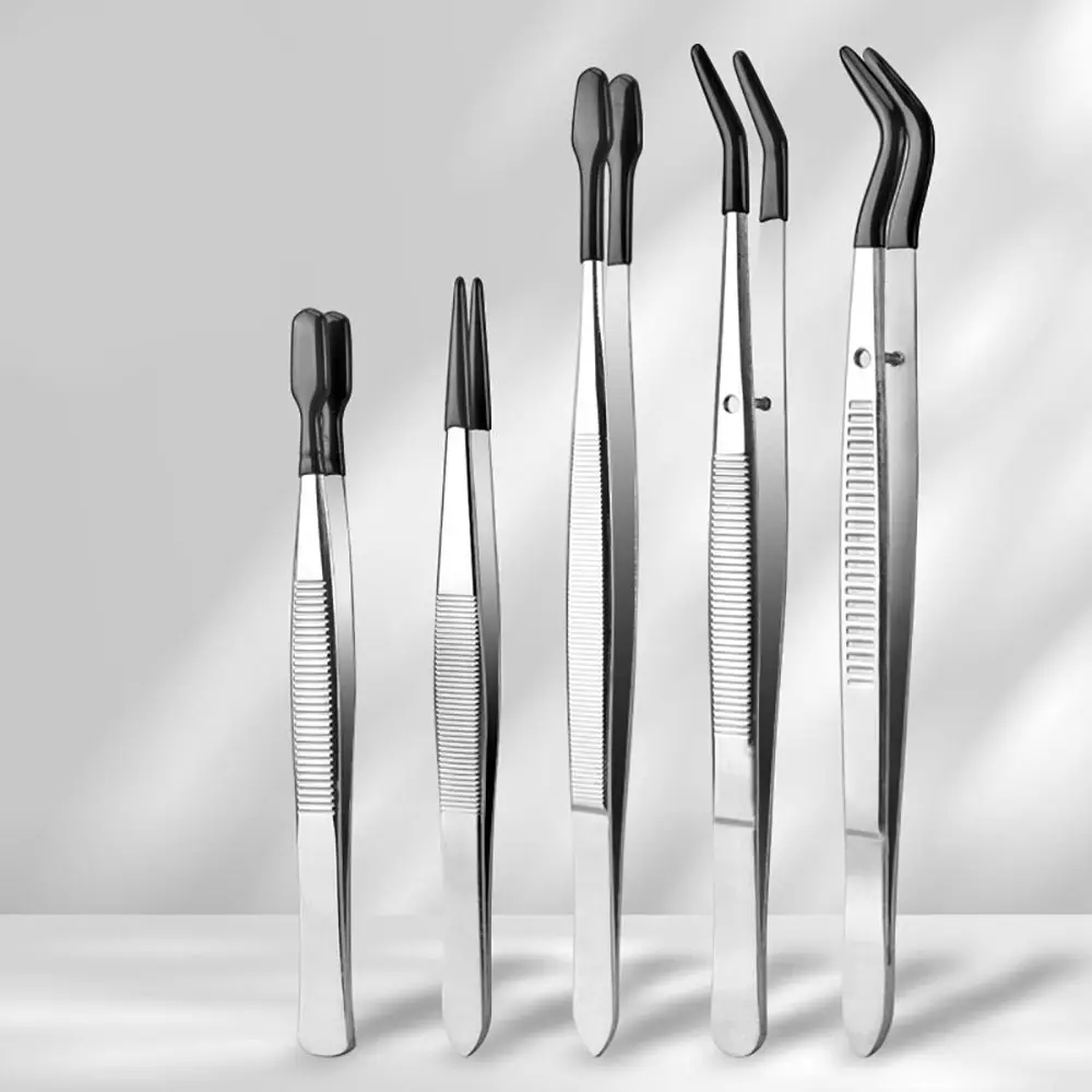 Replacement Non Marring Long Tweezers Tools PVC Coated Rust-proof Flat Tip Tweezers Stainless Steel Long Bent Tweezers