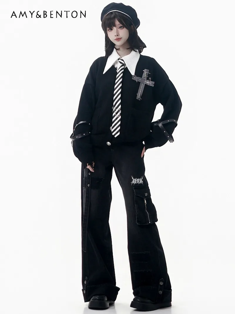 

Harajuku Style Sweet Cool Girl Cross Embroidery Knitted Cardigan Slimming Shirt Vintage Black Denim Long Pants Autumn Winter New