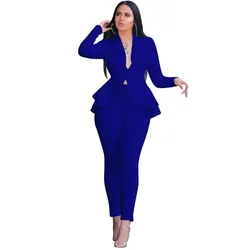 Donna L-XL Plus size alla moda bordo arruffato strato d'aria uniforme professionale set casual elegante e atmosferica showbudello