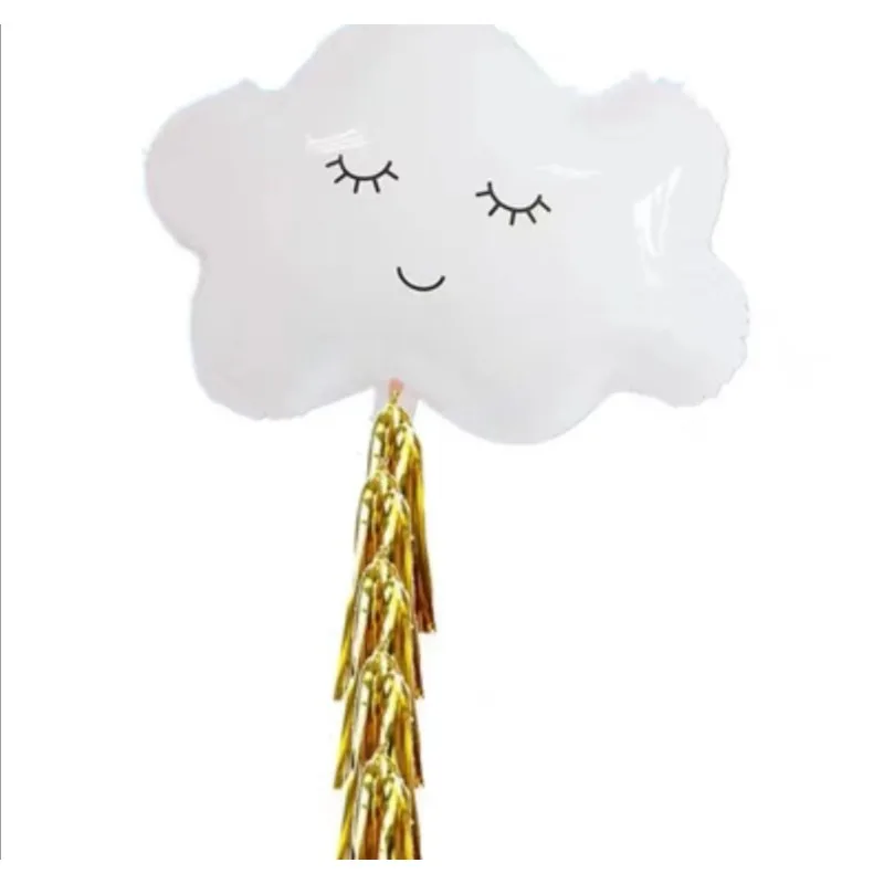 Super Cute White Cloud Shape Foil Balloon Smile Cloud Mylar Balloons and A Bag of 5 Pcs Tassels for Wedding Birthday Party Decor