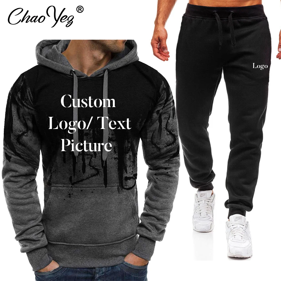 Custom Logo Men's Set Hoodie Sets Men Tracksuit Sportswear DIY Hoodies+Sweatpant 2 Pieces Autumn Male Warm Pullover Sweatshirts