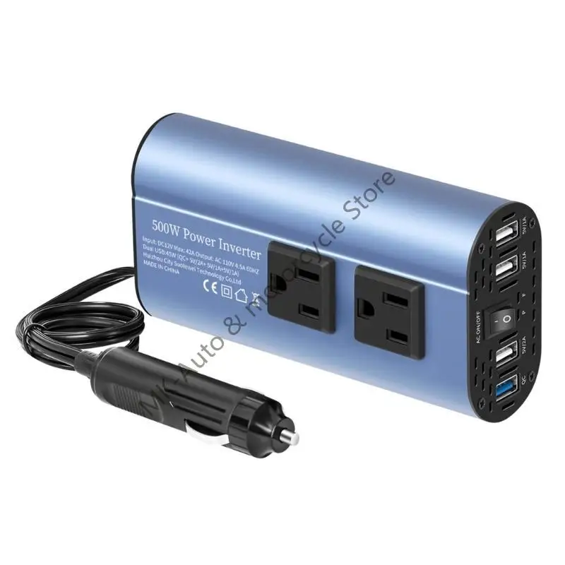 

F62F Auto Converter Power Supply 300W/500W DC12V to AC110V with Double Outlets and 4 USB Ports for Business Camping