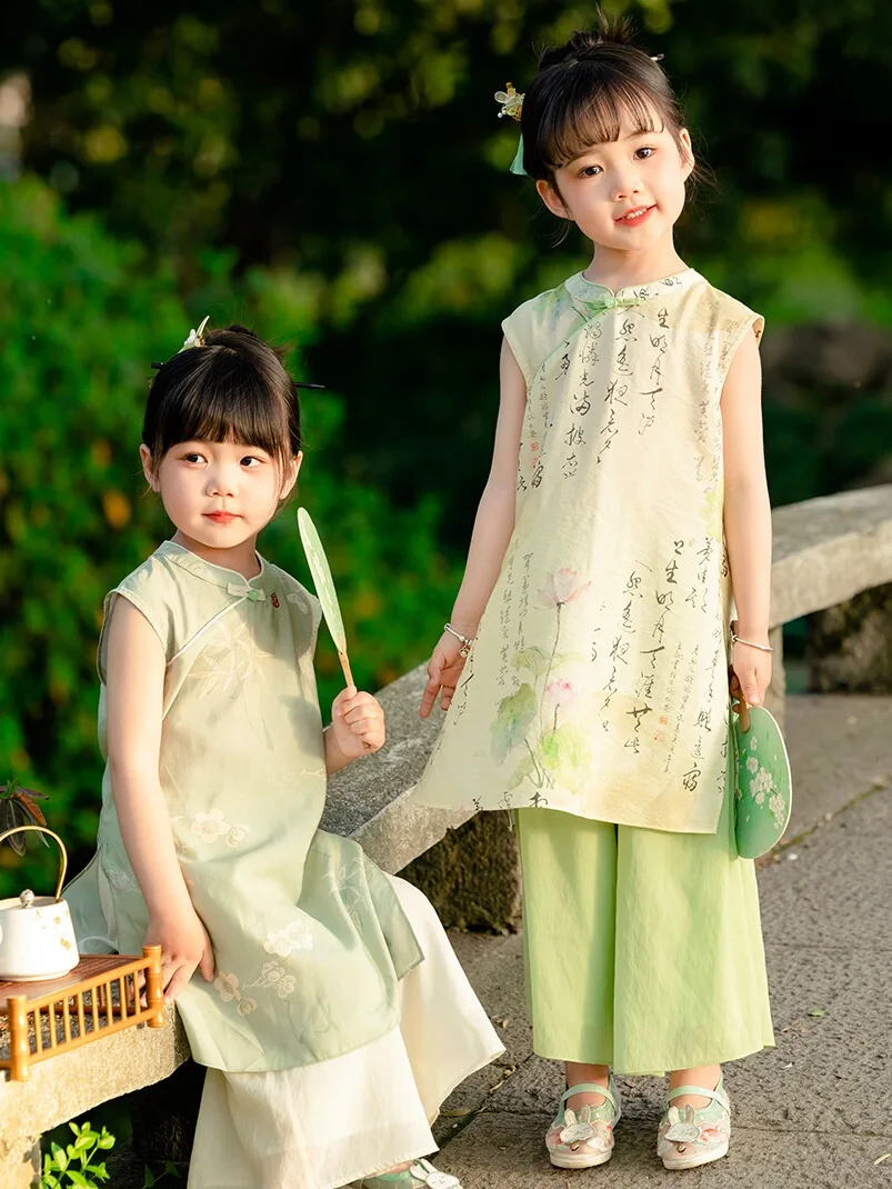 Hanfu女の子のチャイナドレススーツ、新しい古代の衣装、緑のタンスーツ、中国風、子供の古代の衣装、夏、2024