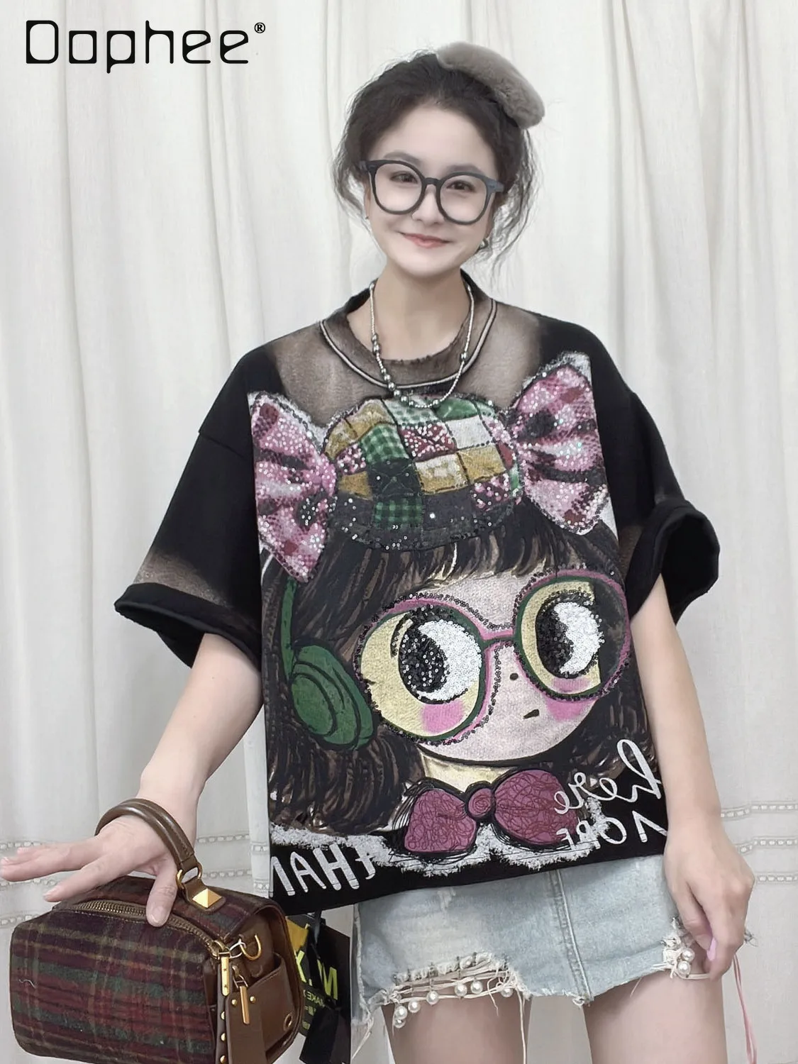 

European Goods 2025 Autumn New Loose Heavy Cartoon Print Short Sleeve T-Shirt Top for Women 38208 Short Oversized T-Shirt