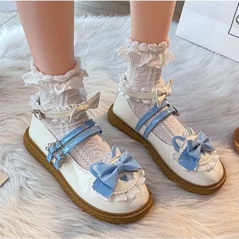 

Shoes for Women Round Toe Gothic Blue Mary Jane Cute Kawaii Japanese Style Lolita Woman Flats Spring High Quality Fashion Korean