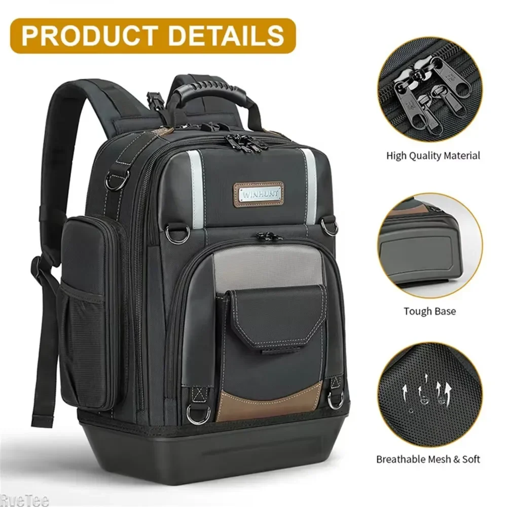 Heavy Duty Padded Tool Backpack WINHUNT 2025 New (Plastic Bottom) for Tool Bag Storage Gift for Electrician Men