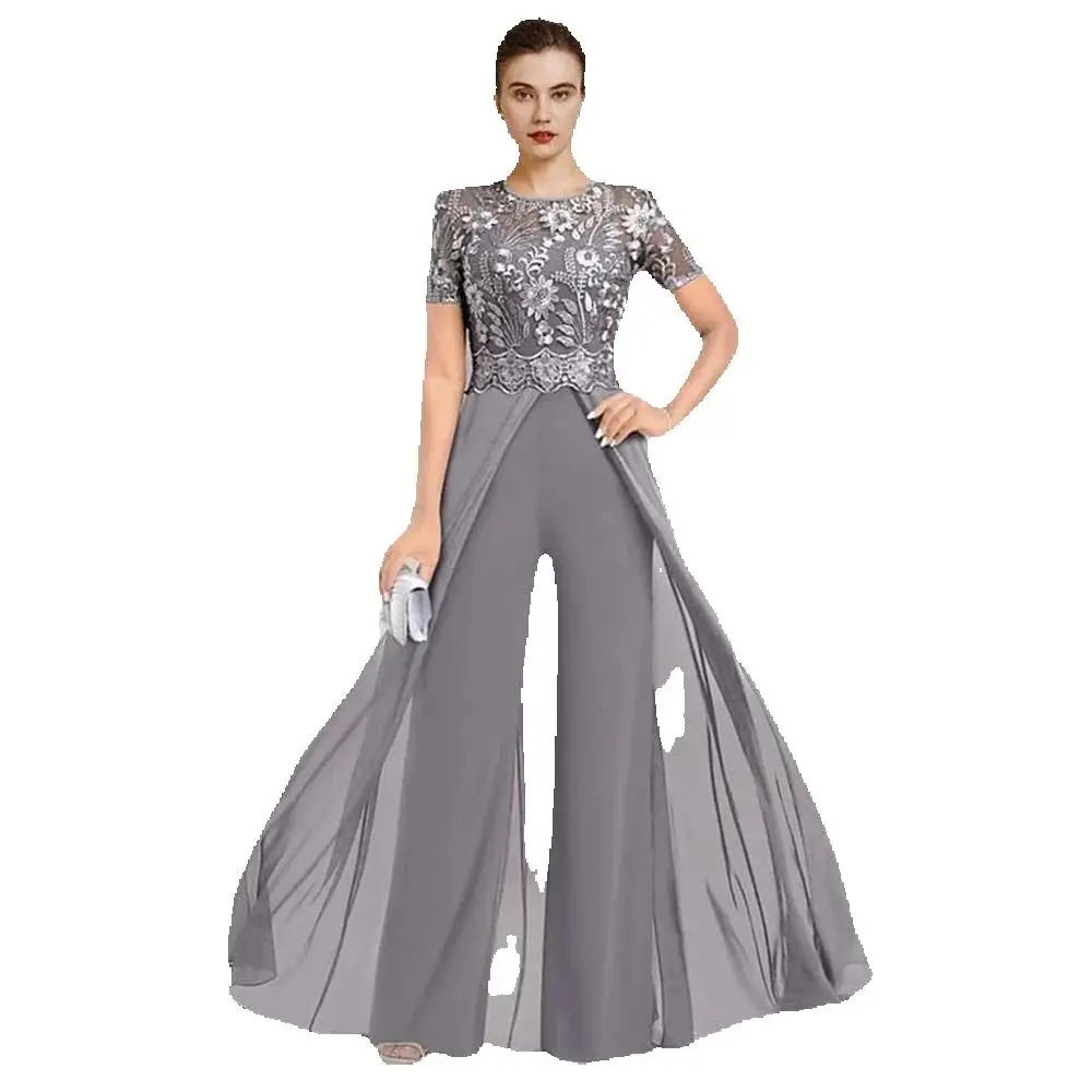 Elegant Gray Chiffon Mother of the Bride Dresses Floor Length Short Sleeves O-Neck Slim Fit Fashion Chic Women Prom Pants Gowns