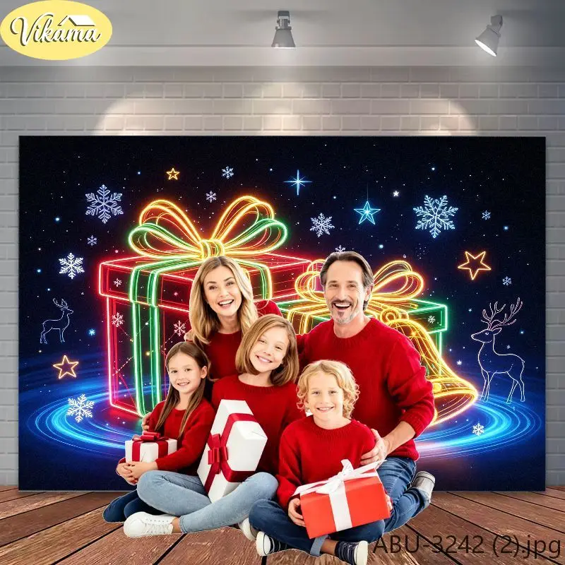 VIKAMA Christmas Photo Backdrop Neon Gift Box Snowflake Star Reindeer Photography Background for Family Holiday Party
