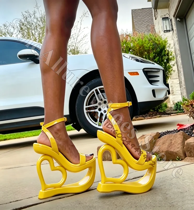 Patent Heart Shaped Heel Platform Sandals Women Bow Ankle Strap Adjustable Buckle Open Toe Novelty Heel Party Nightclub Sandals