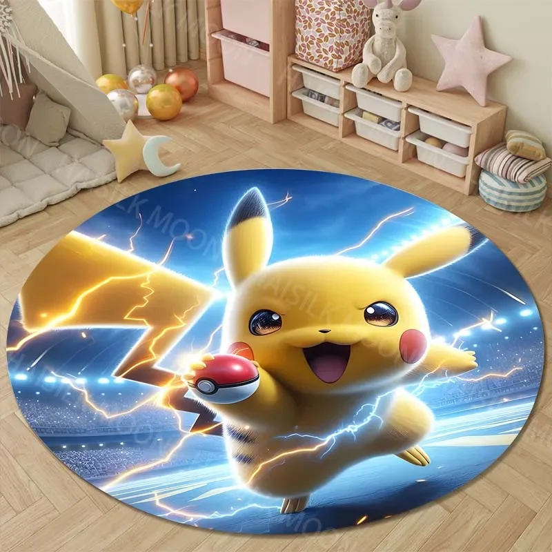 Pokémon Pikachu Printed Cartoon Round Carpet for Kids Living Room Rugs Picnic Mats Flannel Anti-Slip Rug Yoga Mat Gifts Cameras