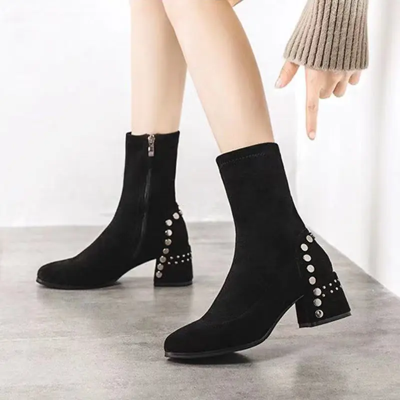 Shoes for Woman Half High Heels Women\'s Boots Studded Footwear Elegant Heeled Elastic Black Mid Calf Fashion 2024 Winter Novelty