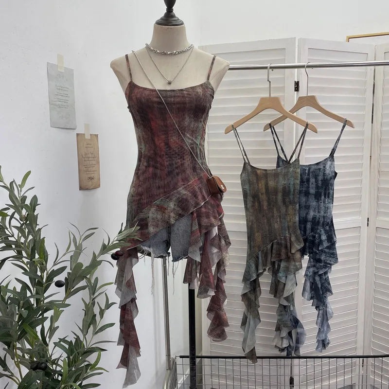 

Ретро Tie Dye Me с рюшами Svel ter Топ Bal Faionable Верхняя одежда Жилет Топ Тонкая летняя сезонная тканая ткань